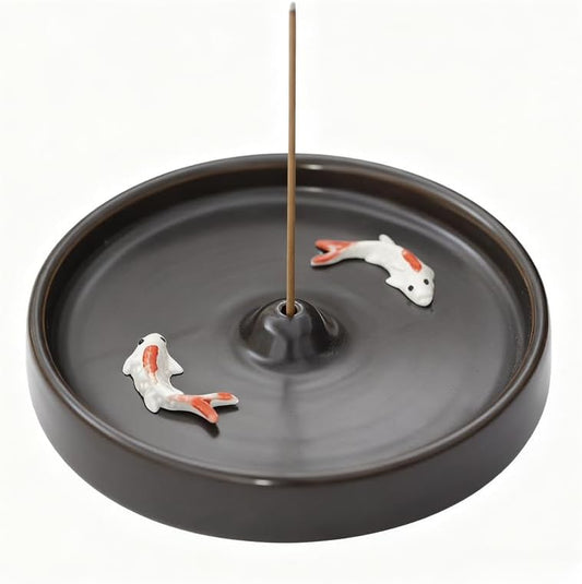 Incense Holder Modern Minimalist Circular Incense Stick Burner for Cones or Sticks for Yoga & Meditation, Enhance Atmosphere,Ceramic Ash Catcher Black with Small Fish by Warmself