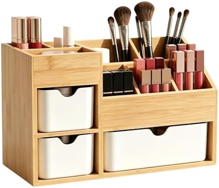 Bamboo Makeup Organizer with 3 Drawers & Adjustable Dividers, Desk Cosmetic Storage Box, Vanity Countertop Organizer for Bathroom, Office, Bedroom, Natural Bamboo Color (11.5x5.4in) by Unknown