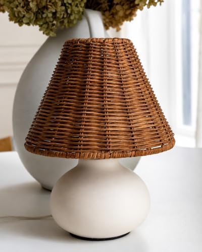 11" Small Table Lamp – Handmade Ceramic Cream Base with Wicker Rattan Shade, Dimmable Plug-in Nightstand Light for Bedroom, Kitchen Counter, or Small Spaces – Boho Japandi Organic Decor - Image 2