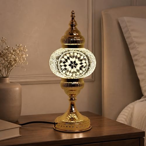 GOGERS Turkish Mosaic Table Lamp, Amber Glass Bedside Lamp with Gold Metal Base, E12 LED Bulb Included, Warm Ambient Decorative Lamp for Bedroom, Living Room, Nightstand, Home Decor Gift (White) - Image 6