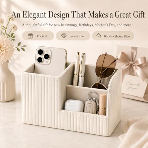 KINGFOM Desk Pen Organizer Office Supplies Caddy Pu Leather Multi-function Storage Box Pen/Pencil,Cell phone, Business Name Cards Remote Control Holder (Ivory White) - Image 5