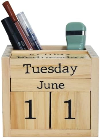 EXQUIDECA Natural Pine Wood Desk Blocks Perpetual Calendar with Pen Holder by EXQUIDECA