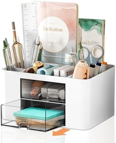 Cayxenful Pencil Pen Holder for Desk,2 Drawer Desk Organizers,5 Compartments Desktop Storage Stationery Supplies Organizer, Cute Pencil Cup Pot For Office, School, Home(White) by Cayxenful