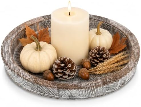 Hanobe Decorative Coffee Table Tray, Round Wood Candle Holder Plate by Hanobe
