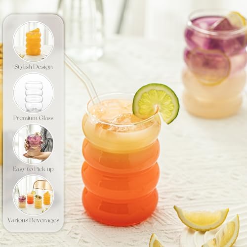 KEMORELA 2PCS Wave Bubble Beverage Glasses With Straws, 18 Oz Vintage Glass Cups, Aesthetic Iced Coffee Glasses, Ripple Glassware, Beer Glasses - Stylish Drinkware for Every Occasion - Image 5