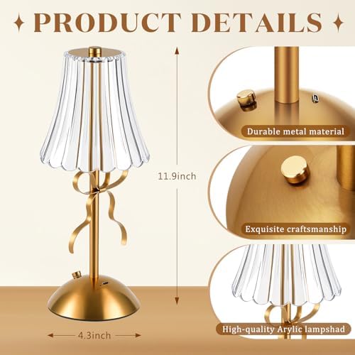 Liliful 2 Pcs Cordless Table Lamp LED Touch, Gold, Rose Style Bow - Image 2
