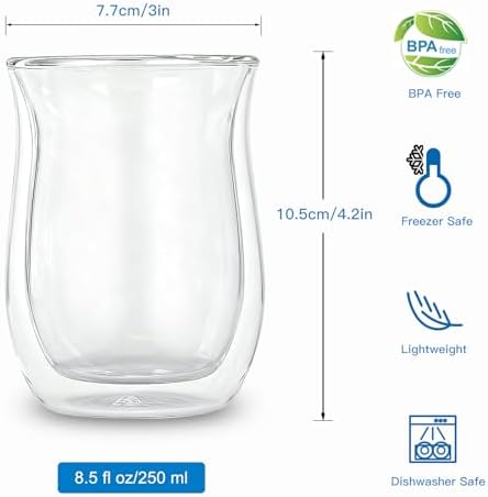 Easyworkz Double Walled Glass Coffee Mugs,Set of 2 (8.5 fl oz / 250ml) - Clear Borosilicate Glass Cups for Coffee, Tea, Whiskey, Cocktails & All Beverages - Image 2