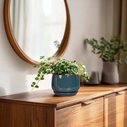 G EPGardening Ceramic Pots for Plants - 4 inch Plant Pots for Indoor Outdoor, Small Planter with Drainage Hole & Tray, Modern Succulent Pots, Round Planter, Office Decor, Home Gifts, Retro Blue - Image 3
