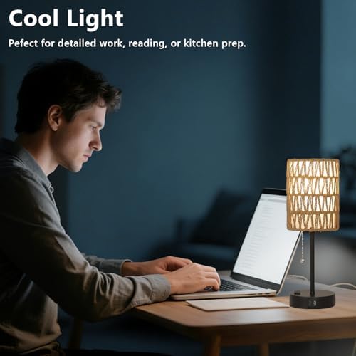 Rattan Bedside Table Lamps Set of 2 - Boho Lamps With 3 Color Temperatures & USB AC Port, Pull Chain Table Lamp For Bedroom, Cute Small Lamp For Nightstand Office Desk Bed Side End Table Living Room - Image 7
