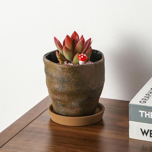 Modern Irregular Ceramic Planter Set of 4, 4 Inch Small Unique Reactive Glaze Flower Pots with Drainage Holes & Saucers - Indoor Outdoor Decorative Succulent Orchid Pots- Brown - Image 5