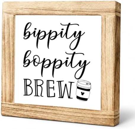 Coffee Bar Decor Sign, Bippity Boppity Brew Wooden Plaque, Cute Coffee Station Shelf Decor, Farmhouse Kitchen Counter Accent For Cafe Corner And Coffee Lover Gift, 5.9 x 5.9 in by Unknown