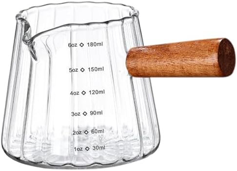 6OZ Wooden Handle Espresso Measuring Cup, Borosilicate Glass Milk Frothing Pitcher with Double Scale & V-Shaped Spout, Dishwasher Safe Coffee Accessories by Unknown