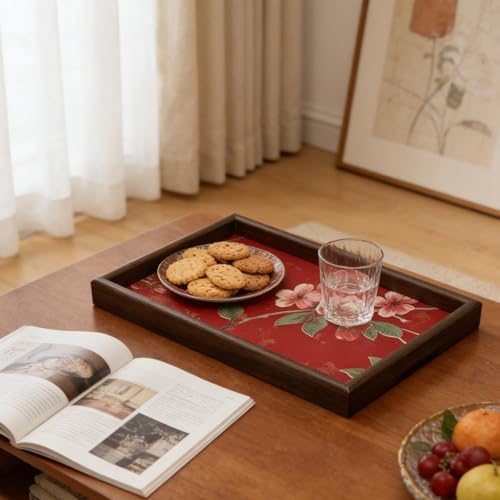 Wooden Valet Tray with Floral Base, Red Vintage Blossoms - Image 5