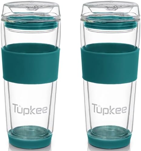 Double Wall Glass Tumbler, 14-Ounce Glass Travel Coffee Mug - 2 Pack by Tupkee