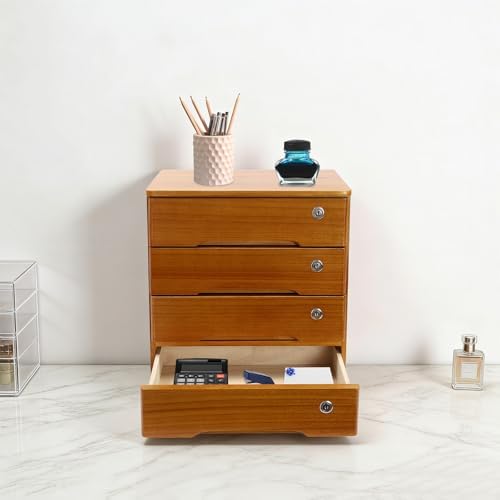 Wooden Desktop Storage Box with Lockable Drawers, Flat File Cabinet Drawer Desktop Storage Box, Countertop Storage Cabinet for Office Home Toiletries Supplies Vanity (Wood yellow, 4 Drawer) - Image 4