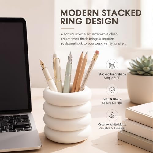 Aesthetic Desk Organizer Boho Pen Holder Modern Pencil Holder Beige Plastic Makeup Brush Organizer for Office Desk Accessories Stylish Home Office Art Decor Supplies(Wavy) - Image 3