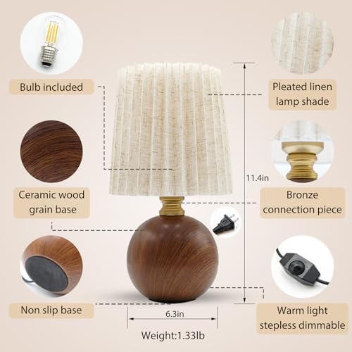 Small Pleated Table Lamp Set of 2 for Bedroom, Mini Bedside Lamps for Nightstand with Round Fabric Linen Shade, Dimmable Desk Lamp, Cute Table Lamps for Small Spaces for Living Room, Kids Room - Image 2