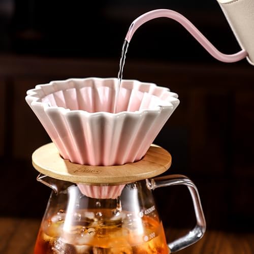 Bincoo Ceramic Coffee Dripper,Pour Over Coffee Dripper with Wood Stand, Flower-shape for 1-2 Cups Slow Brewing Maker for Home Cafe (Pink) - Image 4
