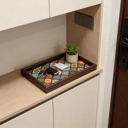 Wooden Valet Tray with Leather Base, Boho 11.8x7.9 - Image 5