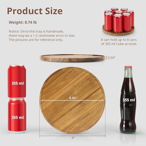 9 Inch Acacia Wood Round Tray, Wooden Decorative Coffee Table Tray Centerpiece Candle Holder for Farmhouse Kitchen Dining Room Home Bathroom Decor Coffee Table Decor and Accessories - Image 2