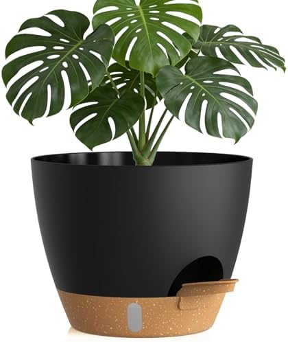 Plant Pots, 1 Pack 12 Inch Self Watering Pots with Drainage Holes, Water Level Indicator Deep Reservoir, Large Planters for Indoor Outdoor Plants - Black Brown by KUGAZ