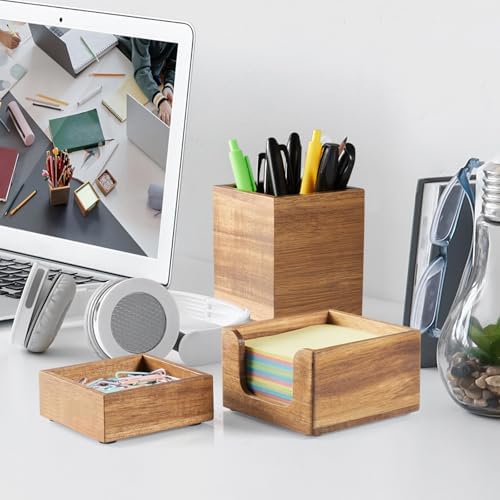 Desk Organizer Set of 3 - Acacia Wood Office Desk Accessories - Desk Organizers and Accessories for Women Men - Set incl. Pencil Pen Holder, Paperclip Storage and Sticky Note Holder - Image 6