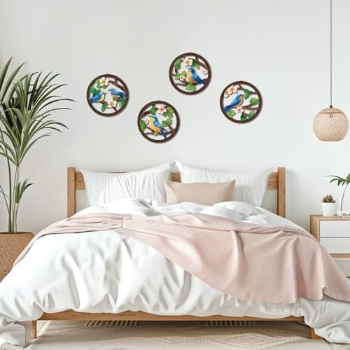 HPNIUB Bird on Birch Tree Branch Wall Decor, Modern Green Leaves Little Birds Laser Cut Artwork, 4 Pieces 10''x10'' Rustic Farmhouse Nature Animals Wall Hanging Plaque for Living Room Bedroom - Image 7