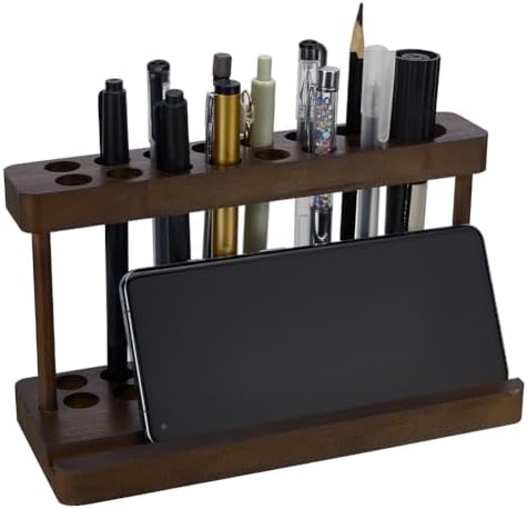FINGERINSPIRE Pencil & Pen Holder for Desk Pine Wood Pen Display Stand with 15 Slots and Cell Phone Rack Coconut Brown Aesthetic Pencil Organizer for Office Desk Decor Fountain Holders by FINGERINSPIRE