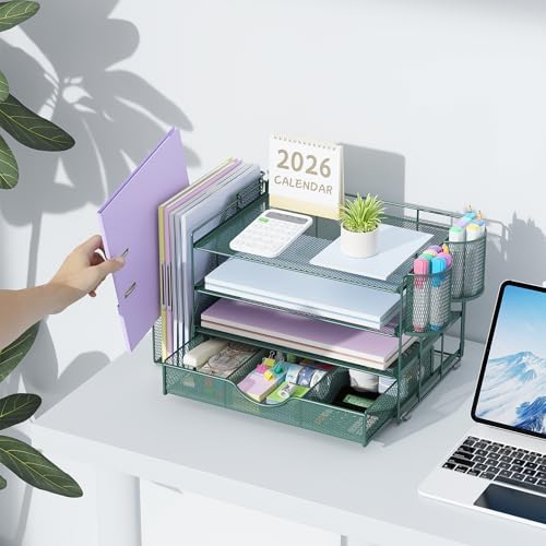 gianotter 4-Tier Desk Organizer with Drawers, File Holders, Letter Trays and Pen Holders - Workspace Accessories for Office Supplies (Green) - Image 6