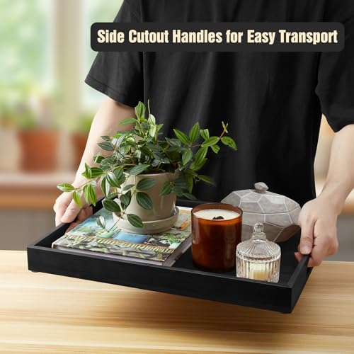 17 Inch Wood Serving Tray with Handles - Large Wooden Tray for Ottoman, Breakfast in Bed, Dinner, Coffee Table - Black Rectangular Tray for Living Room Bedroom Entryway and Kitchen - Image 2