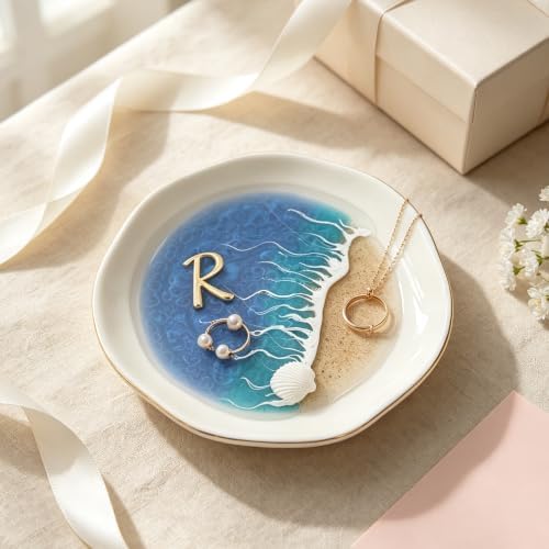 Small Ocean Gift for Women, Resin Beach Ring Dish Jewelry Tray, Bridesmaid Proposal Birthday Coworker Gift, Decorative Ceramic Trinket Holder for Her (R) by Unknown