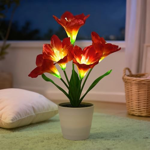 Artificial Red Amaryllis Flower Lamp Night Light for Bedroom Bar Coffee Shop Wedding Decor, Gifts for Women Mom Daughter Grandma Aunt Girlfriend Friend Birthday Christmas Valentines Mothers Day by Hibeauti