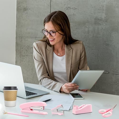 Pink Office Supplies, Pink Desk Accessories, Stapler, Staple Remover, Tape Holder, Pen Holder, Ballpoint Pen, Scissor, Binder Clips, 1000pcs Staples, Phone Holder, Ruler, Transparent Glue and Notes - Image 6