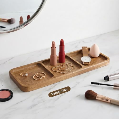 Small Wooden Tray | Acacia Wood Tray for Vanity, Bathroom Counter, Coffee Table & Toilet | Perfect for Jewelry, Key & Catch All | Mini Charcuterie Board Serving Platter (Rectangular 3-Compartment) - Image 6