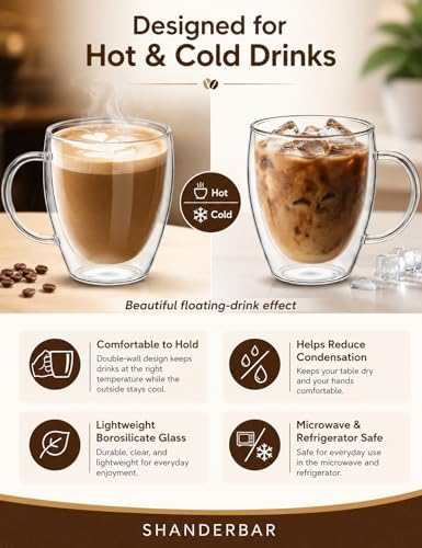 12oz Double Walled Glass Coffee Mugs with Handles, Set of 4 - Image 4
