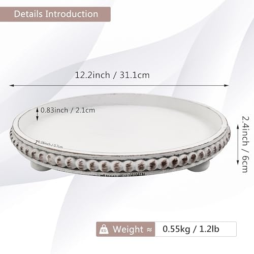FramePro Decorative Tray 12in Round Wood Beaded - Rustic White Serving Tray Risers for Living Room, Coffee Table, Kitchen or Farmhouse Display - Image 3