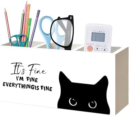 Funny Sarcastic Black Cat Pen Pencil Holder Organizer for Office Desk Accessories, Funny Office Gifts for Coworkers, It's Fine I'm Fine Everything Is Fine Wood Signs for Desk Tabletop Decor by Unknown