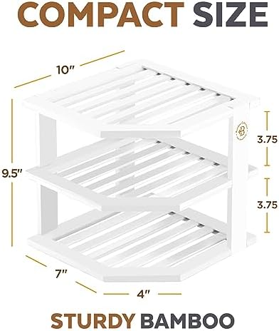 Bambüsi White 3-Tier Corner Shelf, Kitchen Cabinet Organizer, Bamboo Rack - Image 3