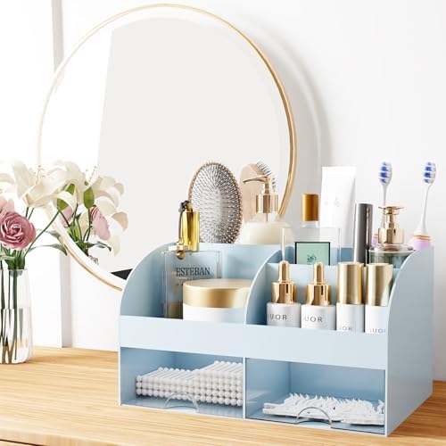 Makeup Organizer with Drawers, Cosmetic Storage for Dresser Vanity and Bathroom Countertop, Beauty Holder for Lipstick Brush, Skincare Organizer for Vanity, Cosmetic Display Case (Blue) - Image 3