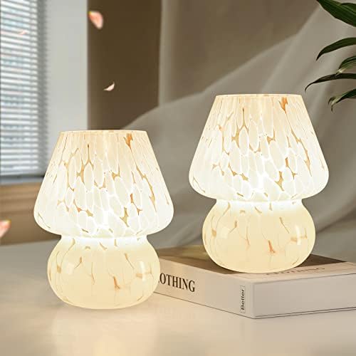 ONEWISH Cute Mushroom Lamp Small Bedside Table Lamp Set of 2 Stepless Dimmable, Translucent Glass White Nightstand Lamp for Bedroom Dorm Kids Room Living Kitchen, Murano Aesthetic Home Decor by onewish