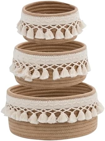 3 Pack Woven Basket,Macrame Makeup Basket,Boho Vanity Cosmetics Desk Storage Baskets,Natural Cotton Rope Pantry Table Organizer Bins for Bedroom Living Room Bathroom School Shelves Office Desk by Agirlvct