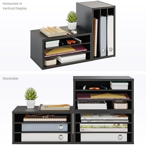 Ballucci File Organizer, 3-Tier Document Paper Sorter, Stackable Wood Desk Organizer, Mail Sorter and Monitor Stand with Storage Shelves, Black - Image 5