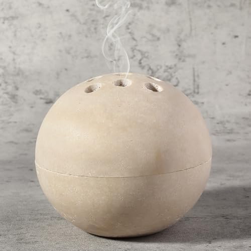 Natural Travertine Incense Burner – 4” Handmade Stone Incense Cone Holder, Minimalist Sphere Incense Burner for Home Decor, Meditation, Yoga, Spa, Relaxation (Beige) by BCS