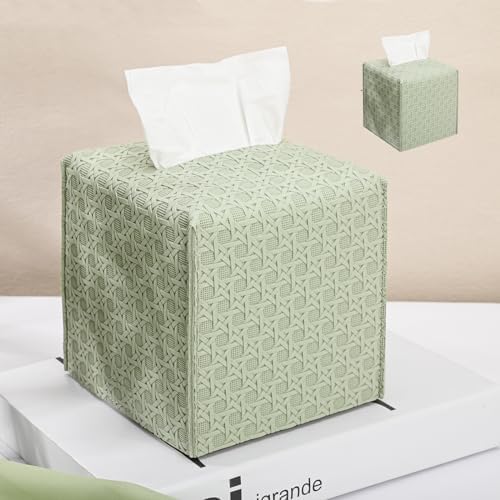 HOMOTEK 2 Pack Tissue Box Cover, Square PU Leather Tissue Holder, Decorative Facial Tissue Cube Paper Organizer Dispenser for Bathroom, Night Stands, Desk, Car 5X5X5'' - Rattan Weave,Mint Green by HOMOTEK