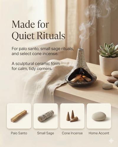Ceramic Palo Santo Holder & Ash Catcher with Mini Chimney, Incense Holder & Sage Burner, Wabi-Sabi Home Decor for Meditation & Yoga (Ash Stone) - Image 6