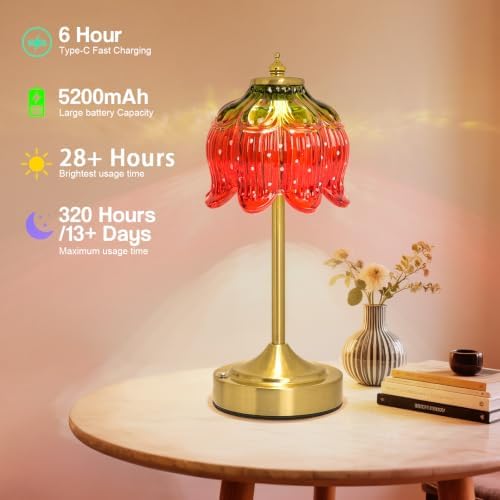 Cordless Table Lamp, Rechargeable Red Glass Flower Lamp - Image 4