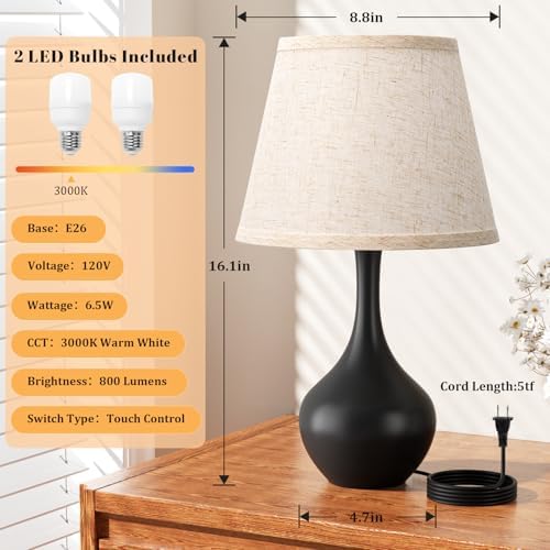 16.1" Touch Table Lamp for Nightstand, Dimmable Small Bedroom Lamp Set of 2 - Image 5