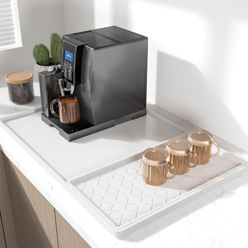 Rnivvi Silicone Coffee Mat, 16" x 24" Waterproof Raised Edge Coffee Bar Mats for Espresso Machine Station Accessories, Heat Resistant Detachable Dish Drying Pad for Kitchen Counter, Dish Rack, White by Rnivvi