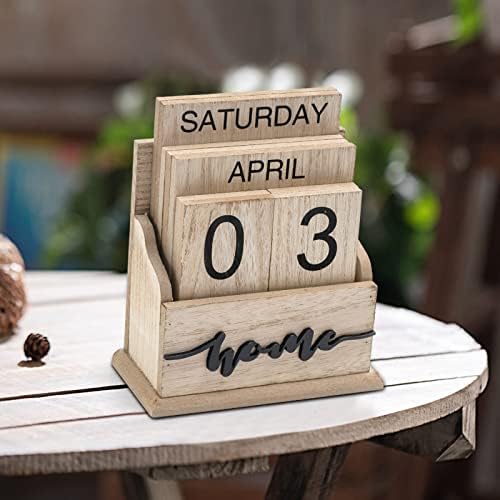 Notakia Perpetual Calendar Wooden Calendar Blocks Vintage Wood Block Calendar for Home Office Desk Accessories Week Month Date Display (Wood Color Home) - Image 7