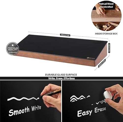 Desktop Black Glass Dry Erase Board with Wood Organizers for Small Office Supplies, Desk Whiteboard with Drawer for Home Office Cubicle, Accessories Included, Yeoux - Image 2
